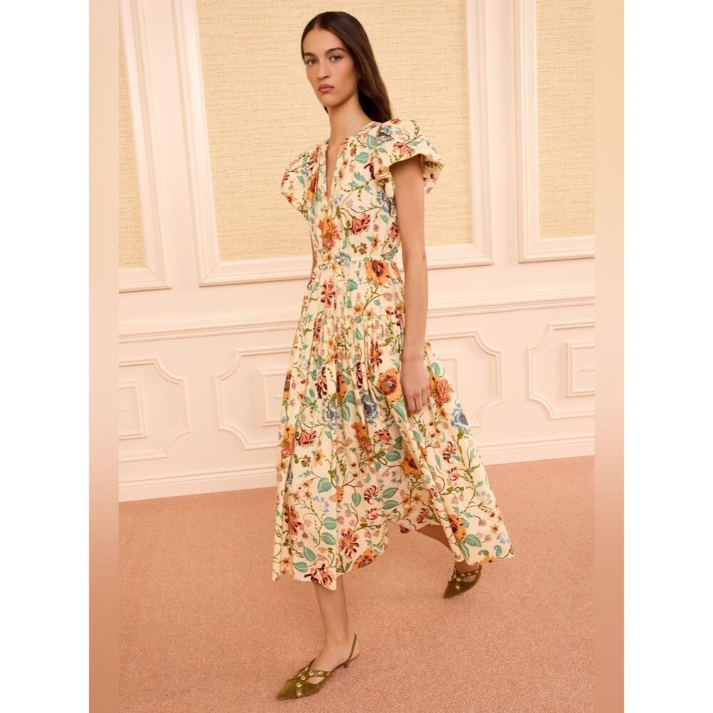 New ULLA JOHNSON Marin Cotton Floral Multicolor Pleated Ruffle-Sleeve Midi Dress